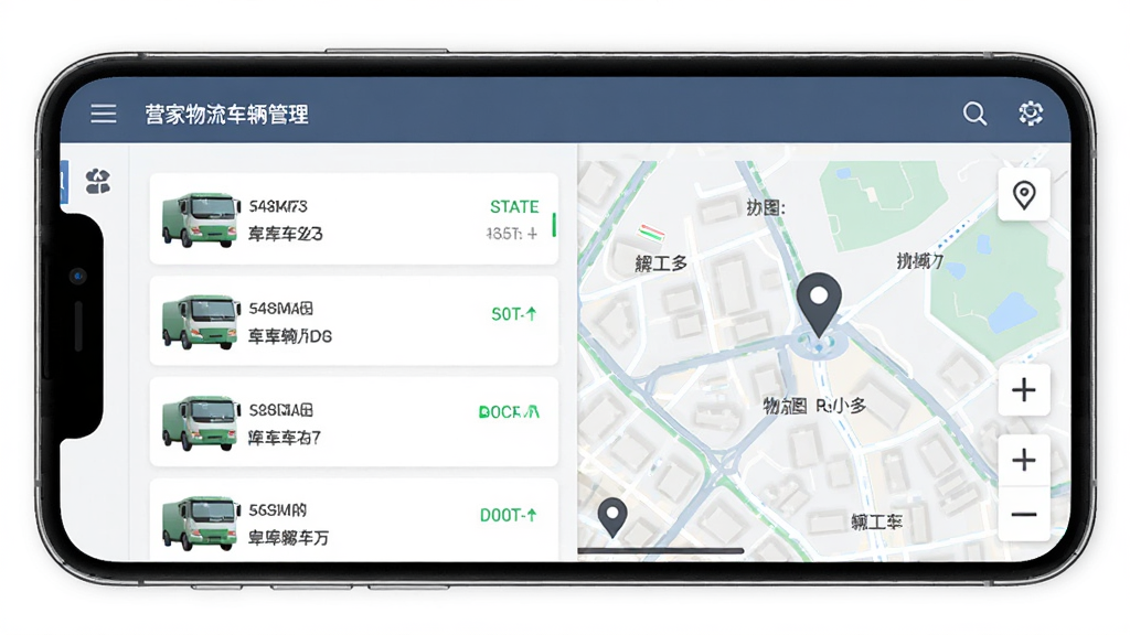 营家物流车辆管理页面,画面展示手机屏幕中的车辆列表和地图定位界面,每辆车显示车牌号和当前位置,背景为城市道路网,布局为上下分栏排版,风格为简约商务风,细节上体现车辆状态和位置追踪,画质高清,画面干净,无多余元素