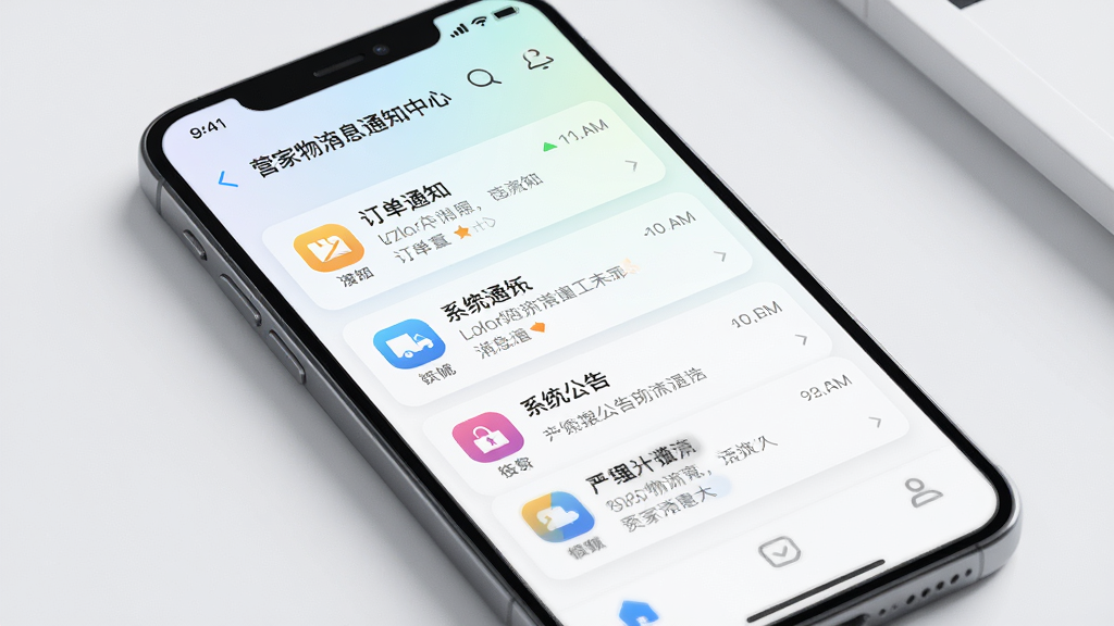 营家物流消息通知中心,画面展示手机屏幕中的消息列表,包含订单通知和系统公告,每条消息带有图标和时间戳,背景为浅色渐变,布局为纵向列表排版,风格为清新简洁风,细节上体现消息分类和状态标识,画质高清,画面干净,无多余元素