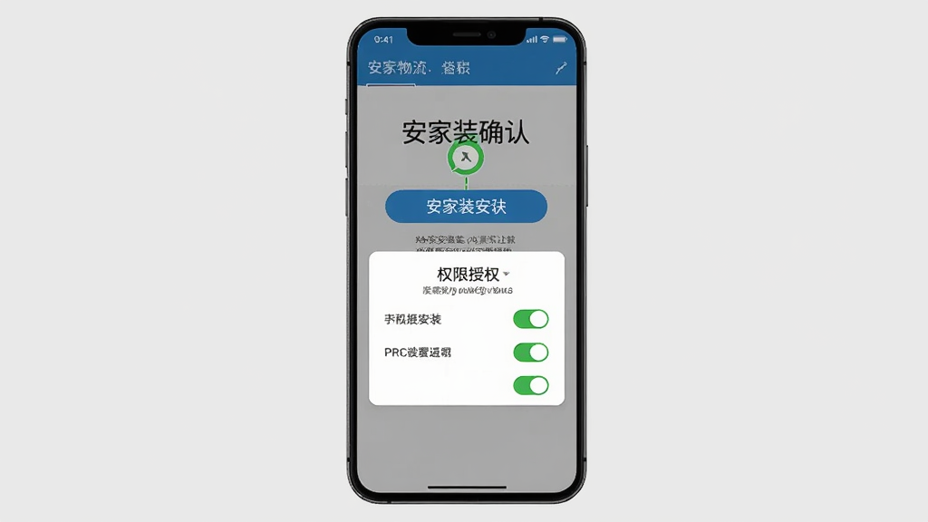 营家物流安卓手机安装与权限设置示意图,画面展示手机屏幕中的安装确认界面和权限授权弹窗,背景为浅灰色,布局为居中排版,风格为教程图解风,细节上突出安装按钮和权限开关,画质高清,画面干净,无多余元素
