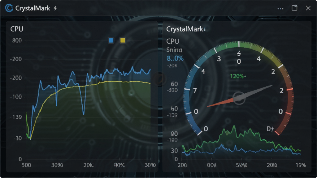 CrystalMark 实时监控面板,画面中显示 CPU 温度曲线与占用率百分比,仪表盘样式,背景为半透明深色,科技感强烈,数据清晰可读,画质细腻,无杂乱元素