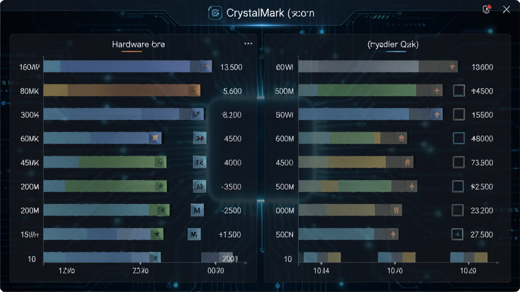 CrystalMark 跑分结果对比界面,画面中展示多个硬件分数柱状图,分数清晰可见,背景为深色科技风格,界面布局整齐,强调数据对比的直观性,画质高清,干净利落