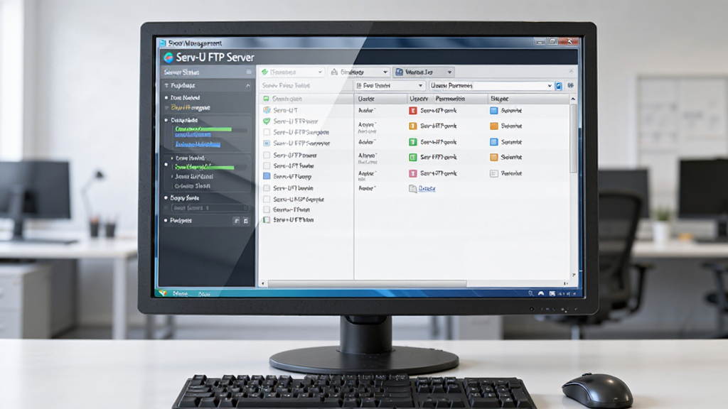 ����Ϊһ̨���� Serv-U FTP Server �� Windows ������������Ļ��ʾ�����������棬����Ϊ���й�ͼ�����չʾ������״̬��壬�Ҳ�չʾ�û�Ȩ���б����Ű��������࣬���Ϊ�Ƽ�����дʵ��ϸ�ڰ�����Ļ���⡢�����м�����ꡢ����Ϊ��Լ�칫�ң����ʸ��壬�ɾ����޶���Ԫ�ء�