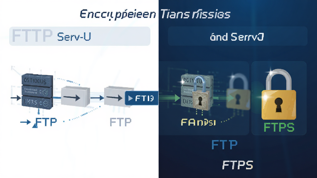 ��������Ϊ Serv-U FTP Server �ļ��ܴ���ʾ��ͼ�����ֲ������ҷ��������Ϊδ���ܵ� FTP ���������Ҳ�Ϊ��������ͼ��� FTPS ����ͨ�����Ű�Գƣ����Ϊ��ƽ���Ƽ��廭��ϸ�ڰ������ݰ����������߸߹⡢����Ϊ����ɫ���䣬�����������ɾ����޶���Ԫ�ء�