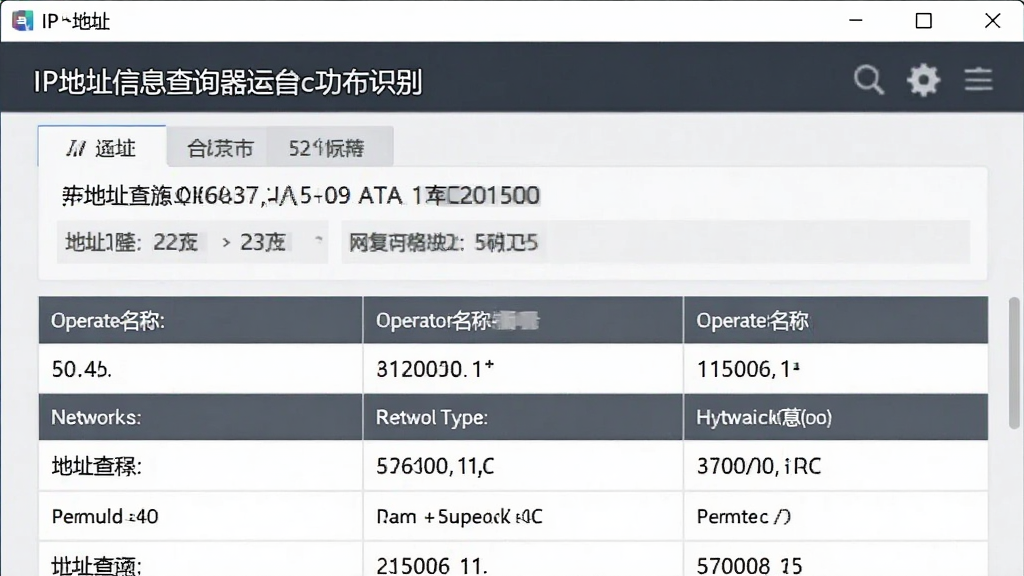 一张展示IP地址信息查询器运营商识别功能的界面截图,主体为软件面板中显示IP地址、运营商名称和网络类型,布局为上下结构,排版简洁,风格为商务简约设计,细节包含清晰的文字标签和数据表格,画质清晰,干净,无多余元素