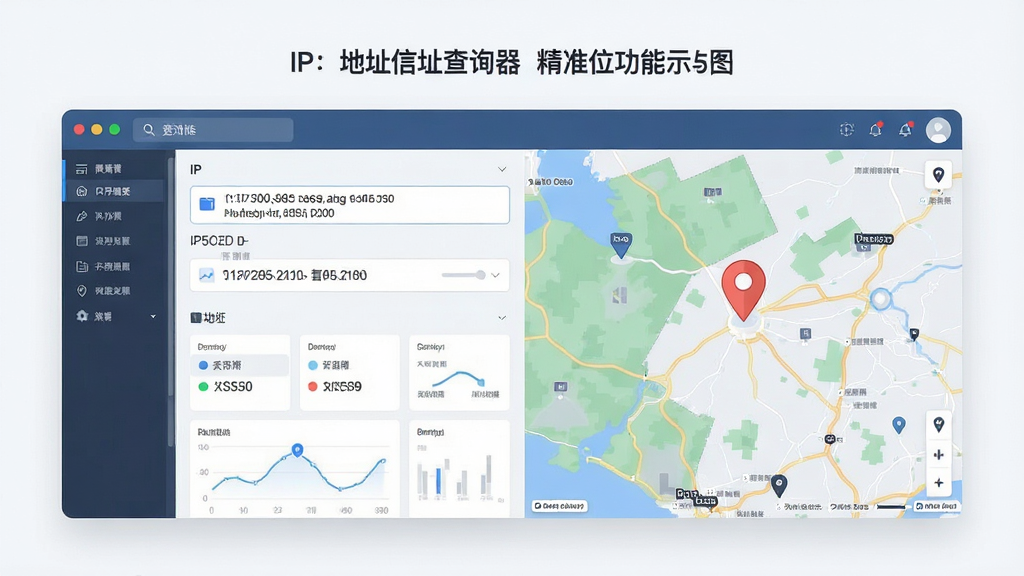 一张展示IP地址信息查询器精准定位功能的示意图,主体为软件界面中显示的IP地址和对应地理位置信息,布局为左侧输入IP右侧展示地图定位,排版清晰,风格为科技感扁平设计,细节包含地图标记和数据面板,画质清晰,干净,无多余元素