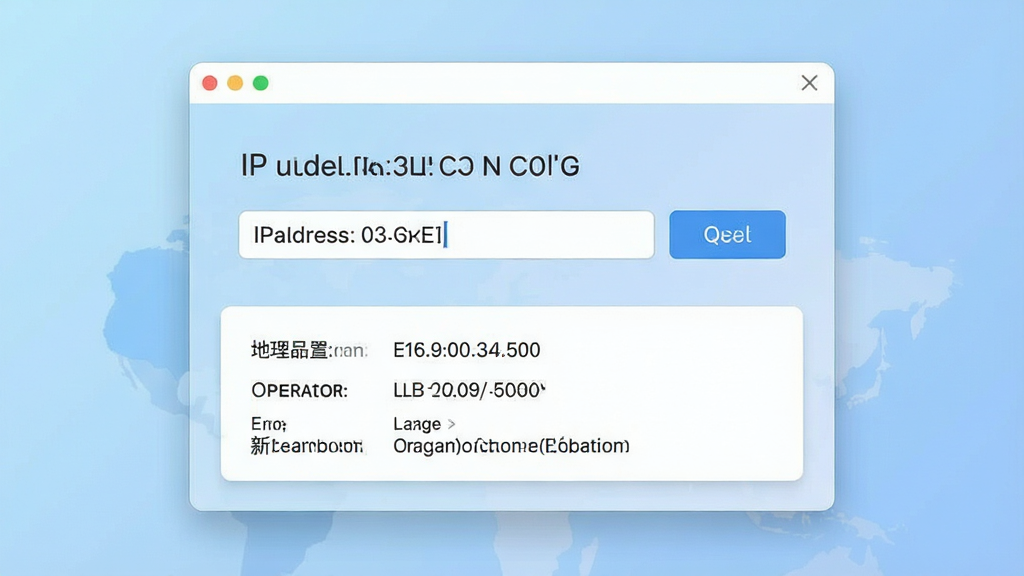 一张简洁的软件界面展示图,主体为IP地址信息查询器主窗口,窗口中央显示IP地址输入框和查询按钮,下方展示地理位置、运营商等查询结果。背景为浅蓝色渐变,布局清晰,排版整齐,风格为现代简约扁平化设计,细节包含细微的阴影和圆角元素,画质清晰,干净,无多余元素