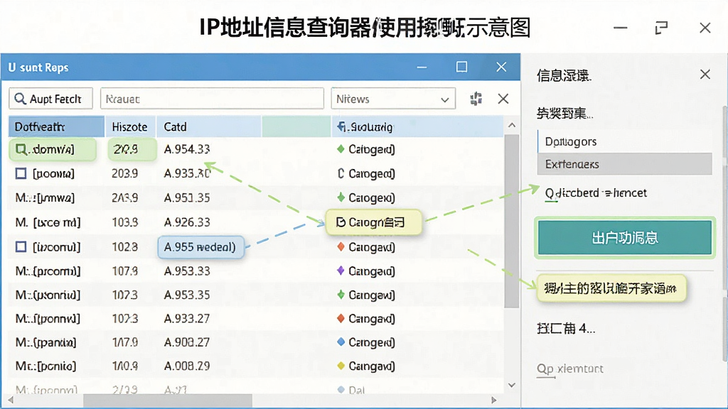 一张展示IP地址信息查询器使用技巧的示意图,主体为软件界面中的历史记录和导出功能按钮,布局为右侧面板展示,排版简洁,风格为实用工具风格设计,细节包含高亮标记和操作提示,画质清晰,干净,无多余元素