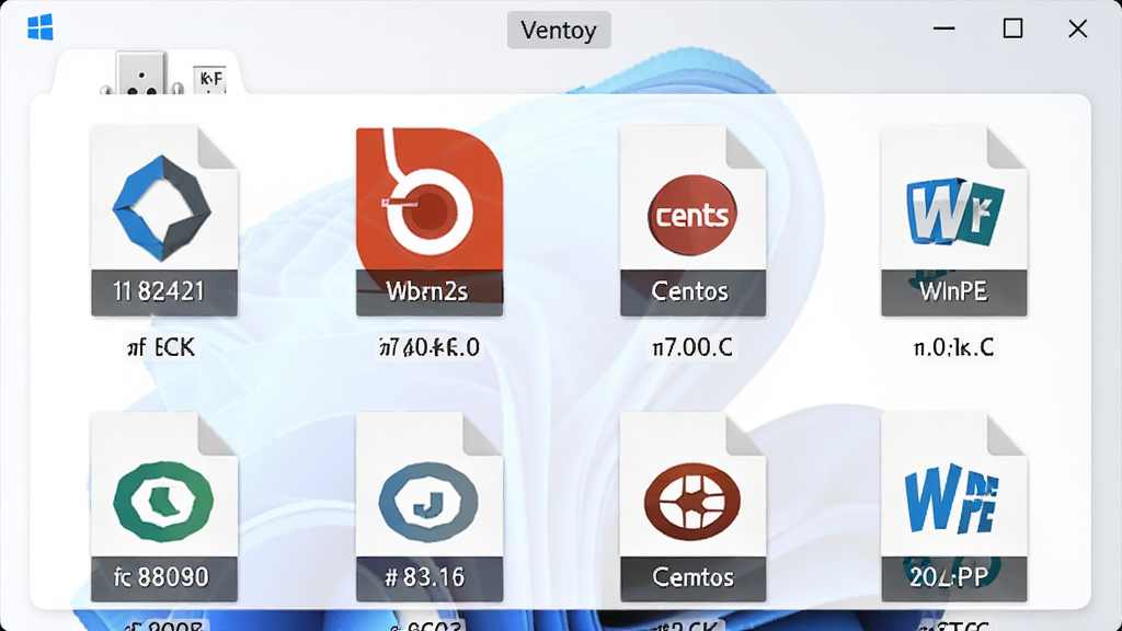 一个打开的U盘文件夹窗口,里面排列着Windows 11、Ubuntu、CentOS、WinPE等多个ISO文件图标,窗口上方有