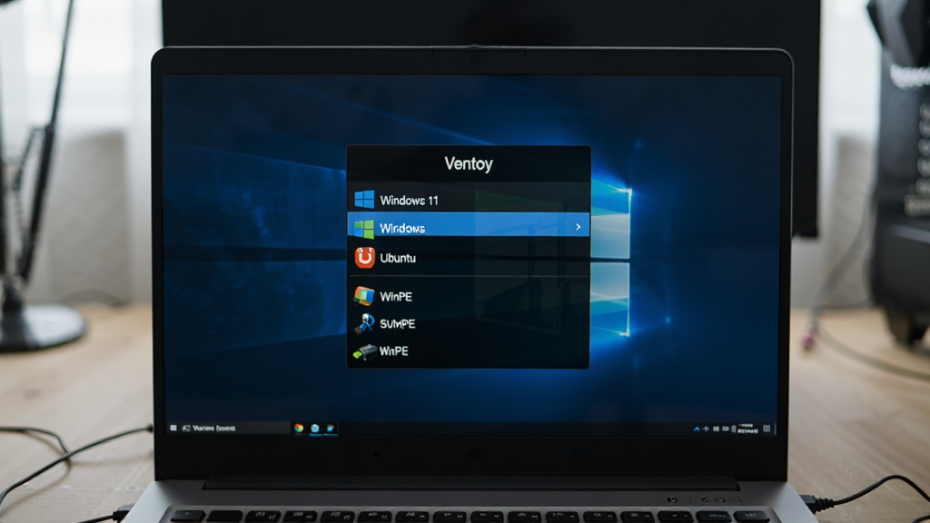 一台笔记本电脑屏幕显示Ventoy启动菜单,菜单中有Windows 11、Ubuntu、WinPE等选项,画面主体是屏幕和菜单,布局为正面视角,风格写实科技风,细节上菜单有高亮选中条,背景是模糊的桌面,画质2K清晰,干净无多余元素