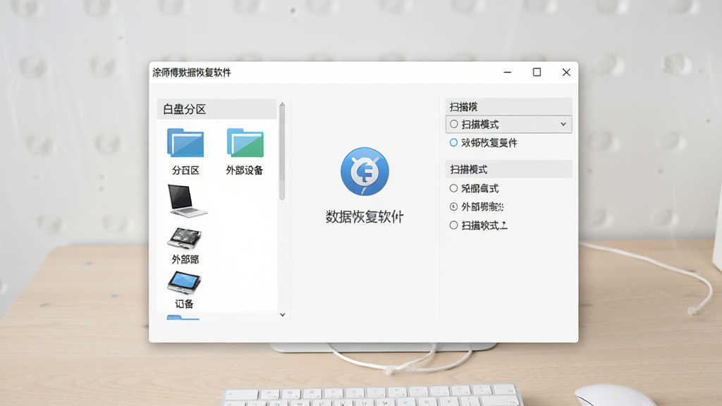 涂师傅数据恢复软件主界面展示,画面中央是简洁的向导式操作窗口,左侧列出磁盘分区和外部设备,右侧显示扫描模式选项,背景是干净的浅色桌面,风格简洁专业,细节清晰,画质高清,干净,无多余元素