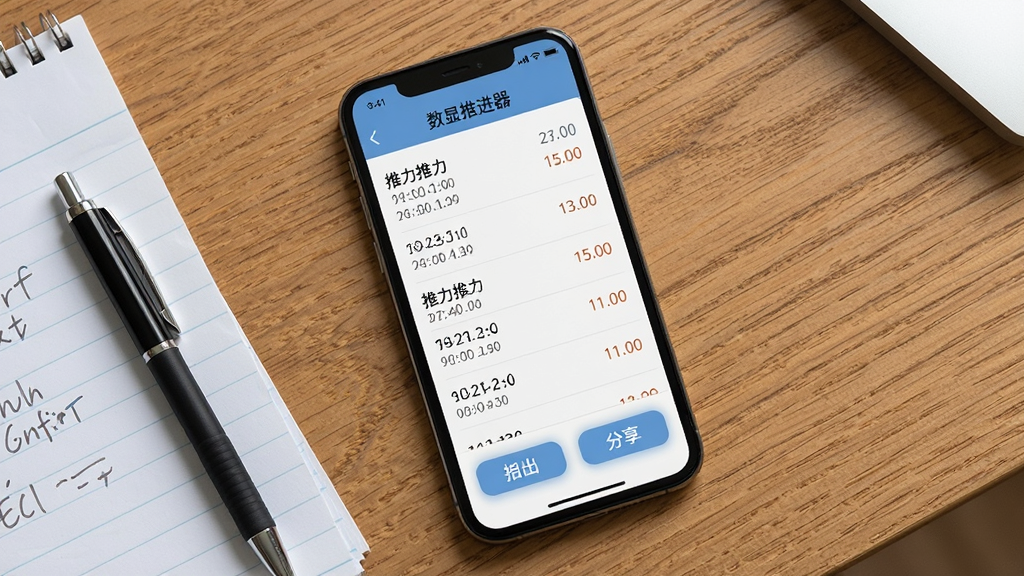 画面展示一部手机屏幕显示“数显推进器”的数据列表页面,列表中包含多条带时间戳的推力记录,屏幕下方有导出和分享按钮,手机平放在木质桌面上,旁边有一支笔和一张记录纸,布局采用俯视角度,排版简洁,风格为办公写实风,细节包括屏幕内文字清晰、按钮有按压反馈感、桌面木纹自然,画质高清,干净,无多余元素