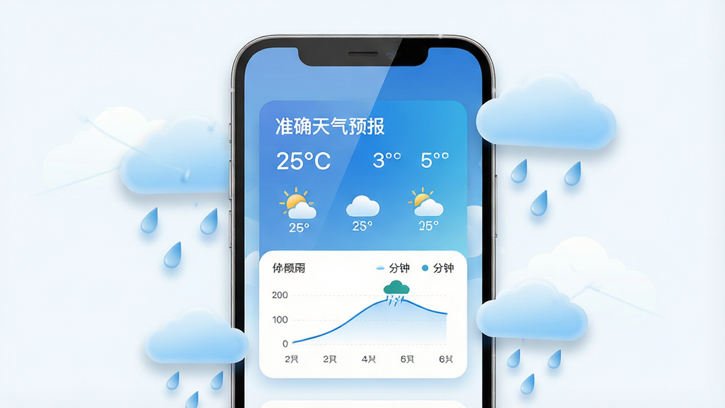 一张展示手机屏幕显示准确天气预报应用主界面的图片,画面中央是一部现代智能手机,屏幕内呈现蓝白渐变背景的天气卡片,卡片上清晰标注着“准确天气预报”字样,并显示当前温度、天气图标和分钟级降雨曲线图,手机周围环绕着淡蓝色云朵和雨滴的装饰元素,布局简洁居中,风格为清新科技感,细节包括屏幕反光、圆角图标和细腻的阴影,画质为4K高清,干净无多余元素
