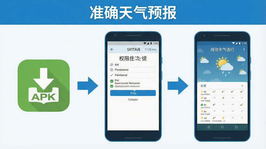一张信息图风格的图片,展示准确天气预报应用在安卓手机上的安装与权限设置步骤,画面分为三个区域,左侧为下载APK图标,中间为手机权限设置界面截图示意,右侧为成功运行的天气主界面,顶部有“准确天气预报”标题,布局采用横向流程图,风格为扁平化科技蓝,细节包括步骤箭头、勾选标记和手机轮廓,画质清晰,干净无多余元素