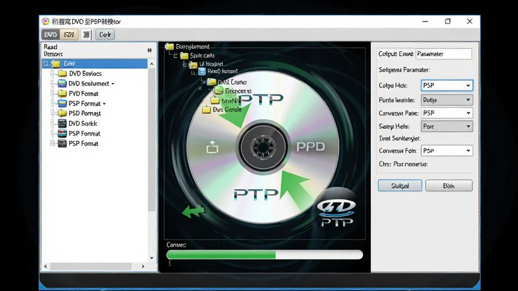 չʾ����DVD��PSPת�������ڶ�ȡDVD���̲�ת��ΪPSP��ʽ����ϸ���̣�����Ϊ��������������ʾDVD���̽ṹ����ת�����������������ΪԴ�ļ��б��Ҳ�Ϊ����������ã��Ű�������ҷ�����ƣ����Ϊ�Ƽ�����ʵ�������ϣ�ϸ�ڰ�����ת�Ĺ��̡���ɫת����ͷ��PSPͼ�꣬�����������ɾ����޶���Ԫ��