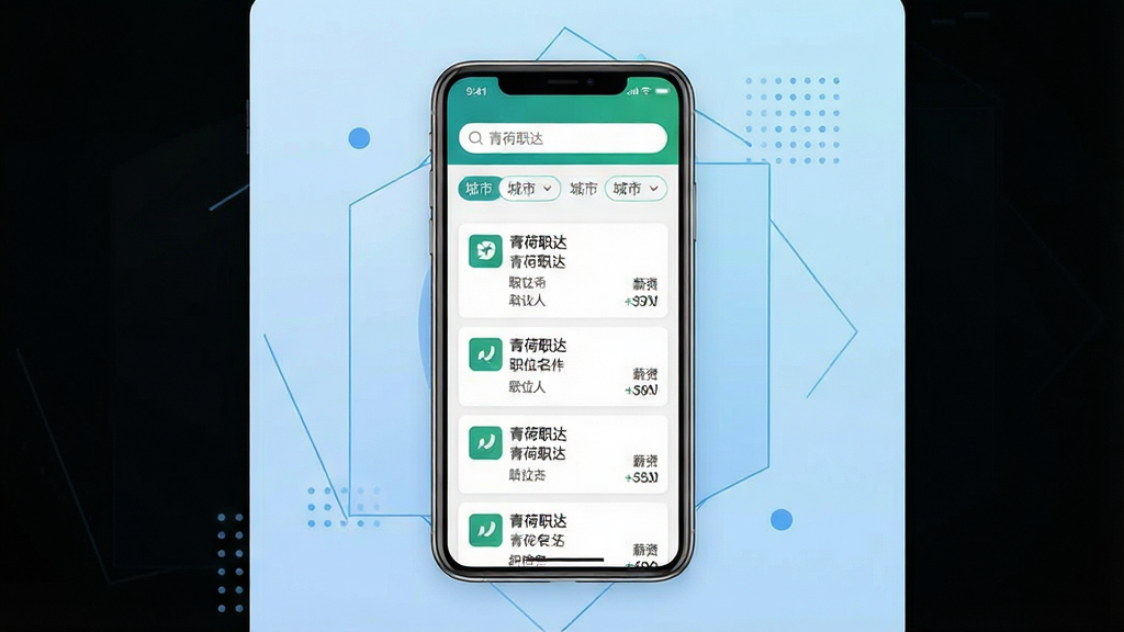 一张展示青荷职达应用主界面的手机样机图,画面中央放置一部竖屏智能手机,屏幕内显示青荷职达的岗位列表页面,顶部有搜索栏和城市筛选标签,下方整齐排列多个招聘卡片,卡片包含公司名称、职位名称和薪资范围;背景为浅蓝色渐变,点缀少量几何线条和圆点装饰;整体风格简洁现代,扁平化设计,细节清晰,画质干净,无多余元素,图中文字使用引号标注“青荷职达”