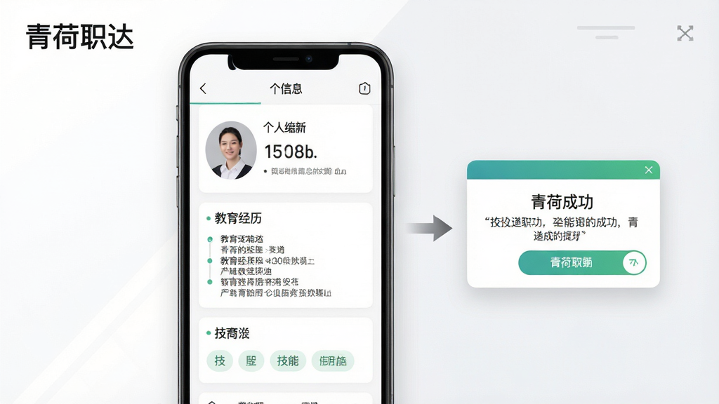一张展示简历投递流程的界面示意图,画面中央是一部手机,屏幕显示简历编辑页面,包含头像、个人信息、教育经历和技能标签等模块,右侧有箭头指向一个已投递成功的提示弹窗;背景为白色和浅灰色搭配,风格清爽简约,细节清晰,画质干净,图中文字标注“青荷职达”