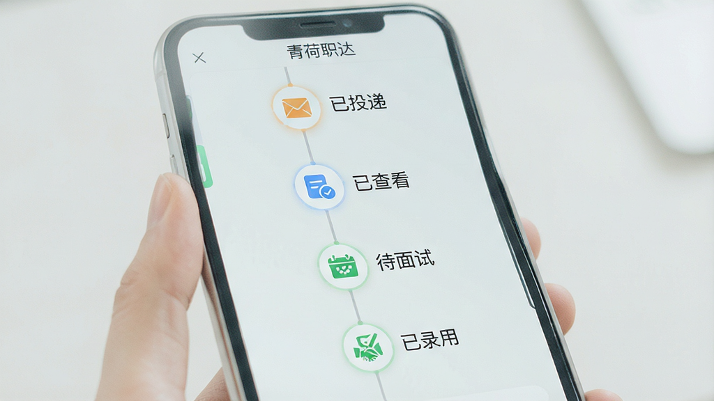 一张展示求职进度跟踪功能的手机界面图,屏幕内显示一条垂直时间轴,节点上标注“已投递”“已查看”“待面试”“已录用”等状态,每个节点配有对应图标;背景为浅色,风格简洁,布局清晰,画质干净,图中文字标注“青荷职达”