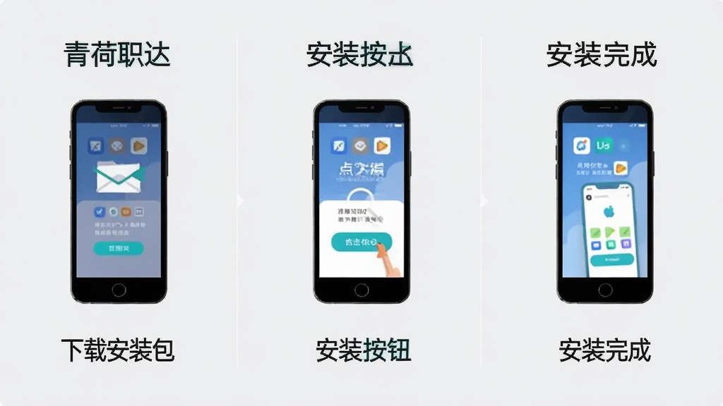 一张展示手机应用安装步骤的示意图,画面分为三个步骤,从左到右依次为下载安装包、点击安装按钮、安装完成打开应用,每个步骤配有一个手机图标和简短文字说明;背景为浅灰色,风格简洁清晰,画质干净,图中文字标注“青荷职达”