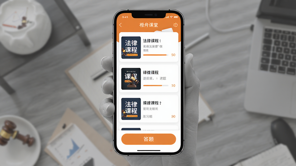 橙舟课堂手机应用界面展示,画面中央是一部智能手机,屏幕显示法律课程列表与题库练习界面,主体突出,布局居中对称,排版简洁清晰,风格现代商务,细节包含课程封面、进度条、答题按钮图标,画质高清,干净,无多余元素