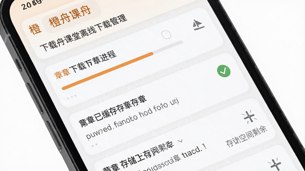 橙舟课堂离线下载管理界面,主体为手机屏幕,布局为列表式排列,排版整齐,风格清爽浅色,细节包含下载进度条、已缓存章节勾选标记、存储空间剩余提示,画质清晰,无多余元素