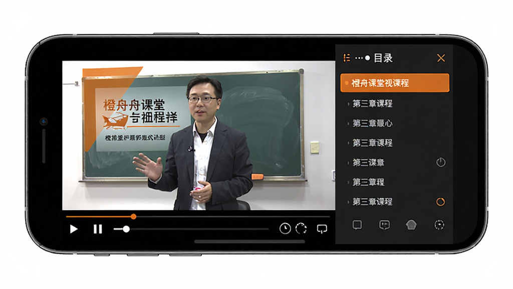 橙舟课堂视频课程播放界面,画面主体为横屏手机,屏幕中央显示讲师授课画面与PPT课件,布局左右分栏,左侧视频右侧目录,排版规整,风格专业教育,细节包含播放进度条、倍速按钮、章节列表,画质高清,干净,无多余元素