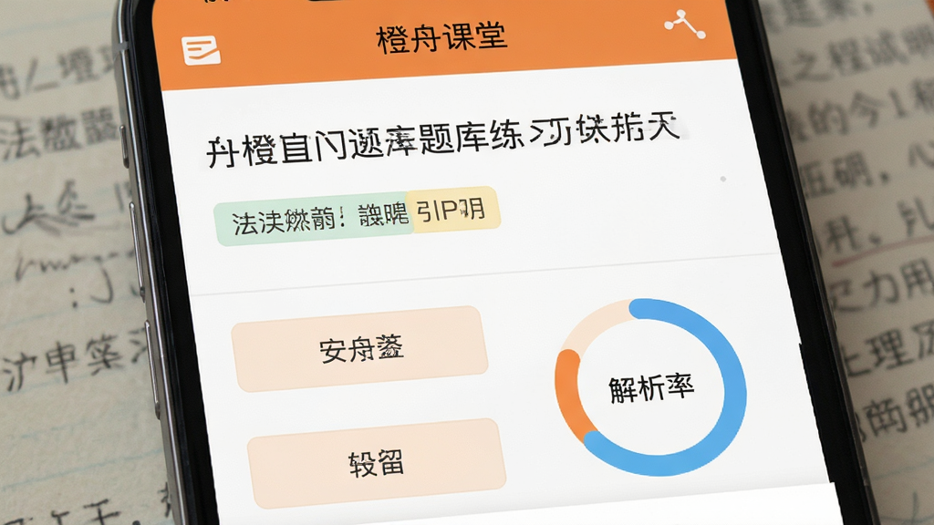 橙舟课堂题库练习界面,主体为手机屏幕特写,布局采用上下结构,上方显示题目文本,下方排列选项按钮与解析入口,排版干净利落,风格简约清新,细节包含法条引用标签与正确率统计圆环,画质清晰,无杂乱装饰