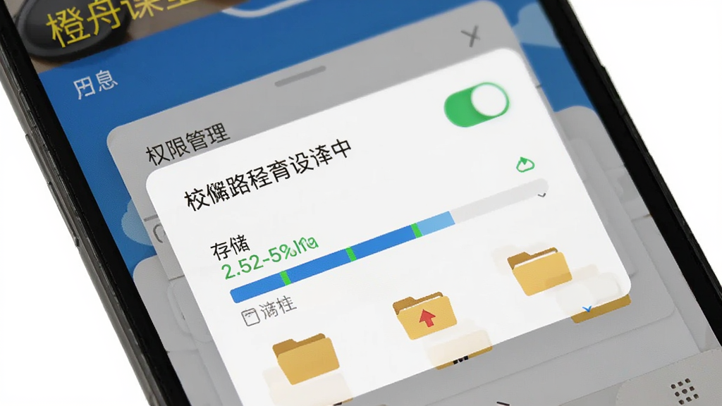 橙舟课堂安卓手机安装设置界面,主体为手机屏幕特写,布局展示权限管理弹窗与存储路径选择,排版清晰,风格科技简约,细节包含权限开关按钮、存储容量条、文件夹图标,画质清晰,干净,无多余元素