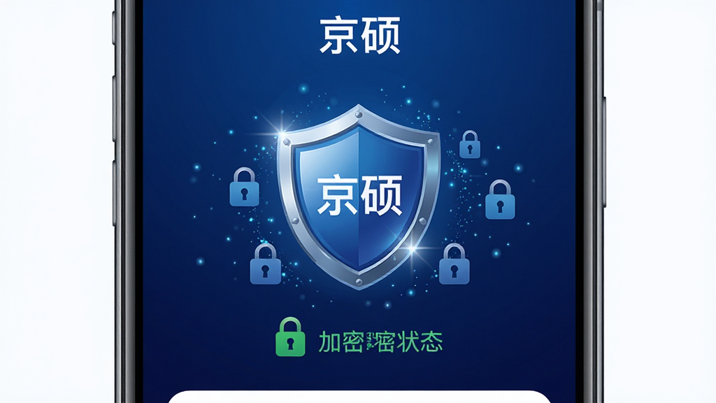 画面主体为手机屏幕显示京硕的安全中心页面,页面上有盾牌图标和加密状态提示,背景为深蓝色渐变;布局为居中构图,风格为安全科技风,细节包括盾牌的高光、锁形图标、背景的粒子效果;画质清晰,干净,无多余元素,图片中文字为“京硕”。
