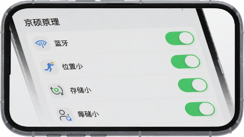 画面主体为手机屏幕显示京硕的权限管理页面,页面上有蓝牙、位置、存储等权限开关,背景为浅灰色;布局为列表式,风格为扁平化设计,细节包括开关的绿色高亮、图标线条简洁、手机边缘的圆角;画质清晰,干净,无多余元素,图片中文字为“京硕”。