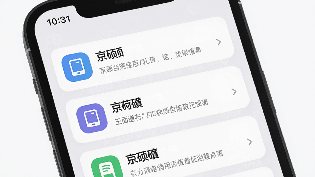 画面主体为手机屏幕显示京硕的消息通知列表,通知卡片上有设备图标和文字说明,背景为浅色;布局为列表式,风格为扁平化设计,细节包括通知卡片的圆角、图标颜色区分、手机状态栏的时间显示;画质清晰,干净,无多余元素,图片中文字为“京硕”。