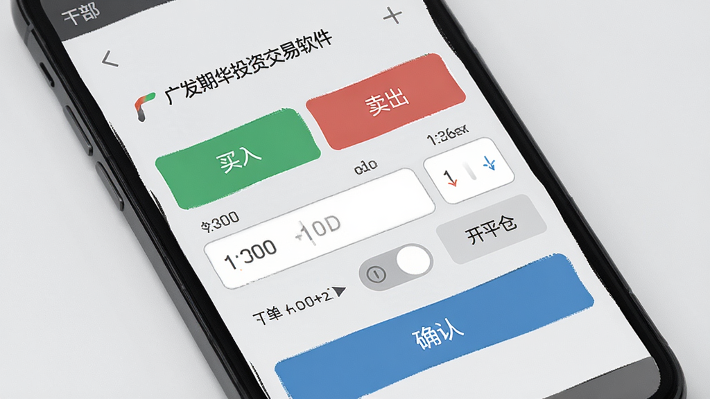 主体为广发期货投资交易软件的下单交易界面,布局为手机屏幕正面展示,背景为浅灰色简约风格,排版突出买入卖出按钮与手数选择区域,风格为简洁工具风,细节包括价格输入框、开平仓切换、确认按钮,画质高清,画面干净,无多余元素