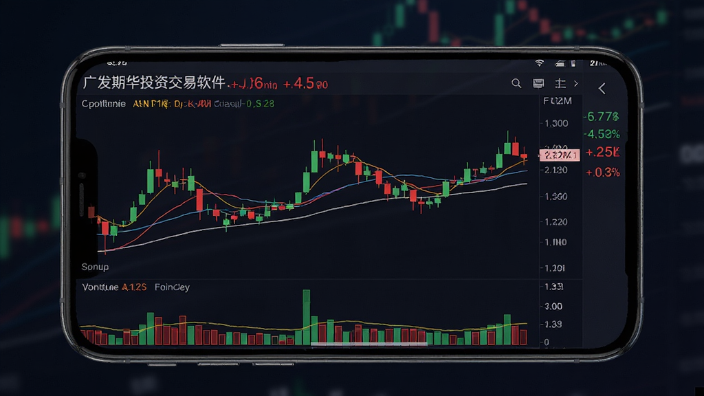 主体为广发期货投资交易软件的分时行情界面,布局为手机屏幕特写占据画面中央,背景为深色渐变,排版突出K线图与涨跌数字,风格为专业金融数据风,细节包括红绿蜡烛图、均线、成交量柱状图,画质清晰,画面干净,无多余元素