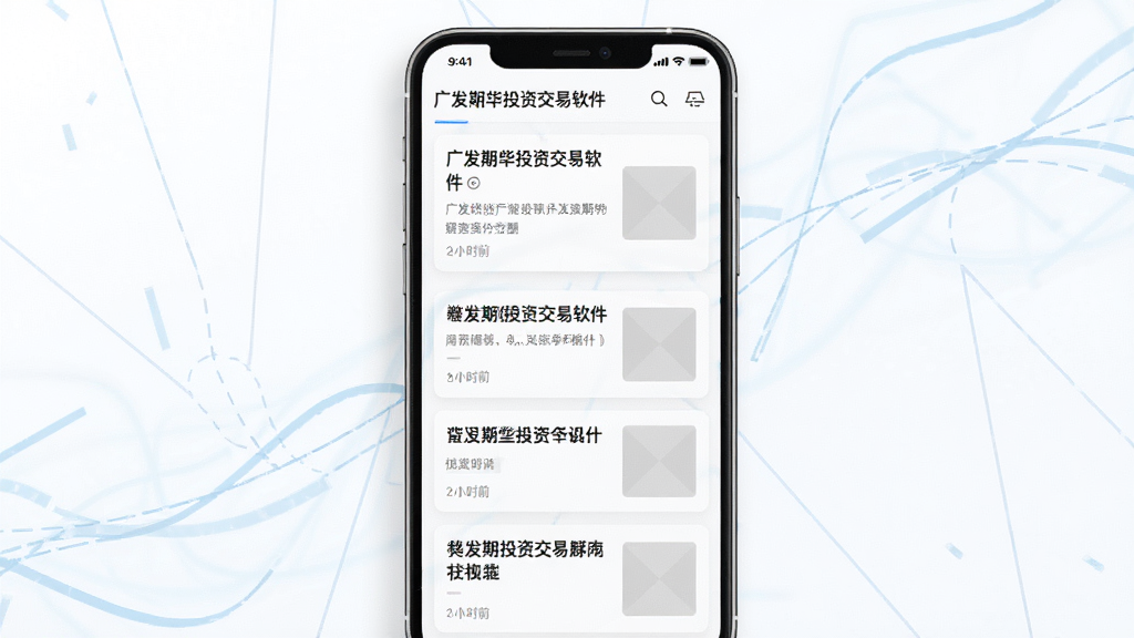 主体为广发期货投资交易软件的资讯研报列表页面,布局为手机屏幕竖版展示,背景为白色搭配淡蓝色装饰线条,排版为资讯卡片纵向排列,风格为清新阅读风,细节包括标题文字、时间标签、缩略图占位,画质清晰,画面干净,无多余元素