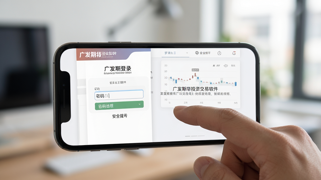 主体为广发期货投资交易软件在手机上运行的场景,布局为手持手机侧面视角,背景为虚化的室内环境,排版突出屏幕内容与手指操作动作,风格为真实使用场景风,细节包括登录界面、密码输入框、安全提示文字,画质高清,画面干净,无多余元素
