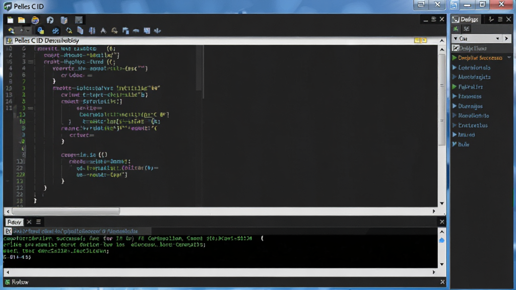 一张展示 Pelles C IDE 在 Windows 电脑上运行调试的图片,画面中 IDE 窗口内代码高亮,底部输出窗口显示编译成功信息,旁边有调试工具栏,整体界面清晰,风格专业,画质清晰,干净,无多余元素