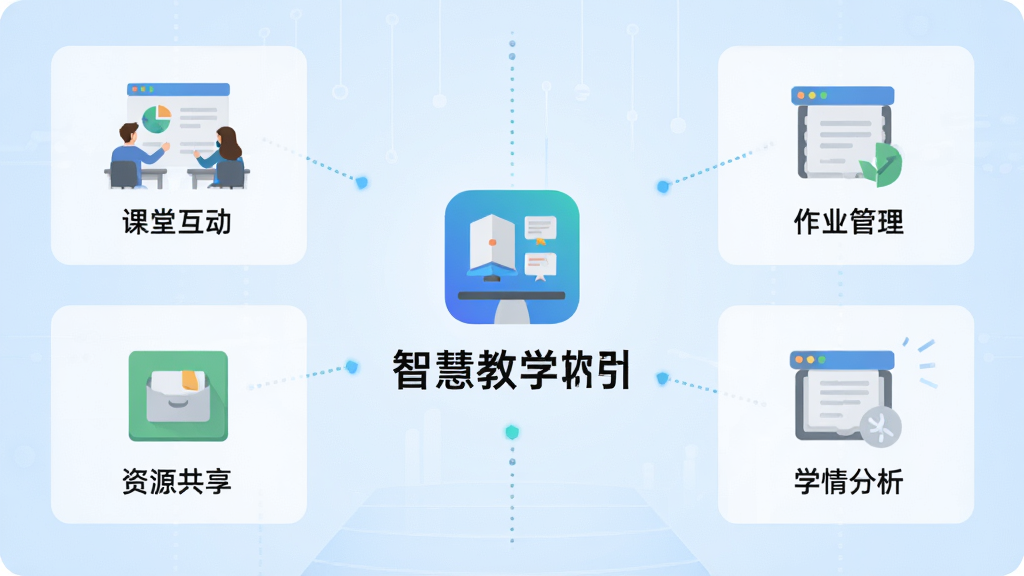 智慧教学软件主界面全貌展示,中央位置放置软件图标与名称,四周环绕课堂互动、作业管理、资源共享、学情分析四大功能模块的扁平化图标,背景为淡蓝色渐变,整体布局简洁对称,风格现代教育科技感,细节清晰,画质干净,无多余元素