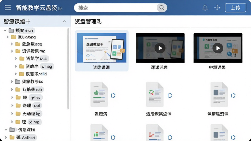 智慧教学云盘资源管理界面,左侧为文件夹树状目录,右侧展示课件、视频、文档等文件缩略图,顶部有搜索框与上传按钮,界面风格清爽商务,布局规整,画质干净,无多余元素