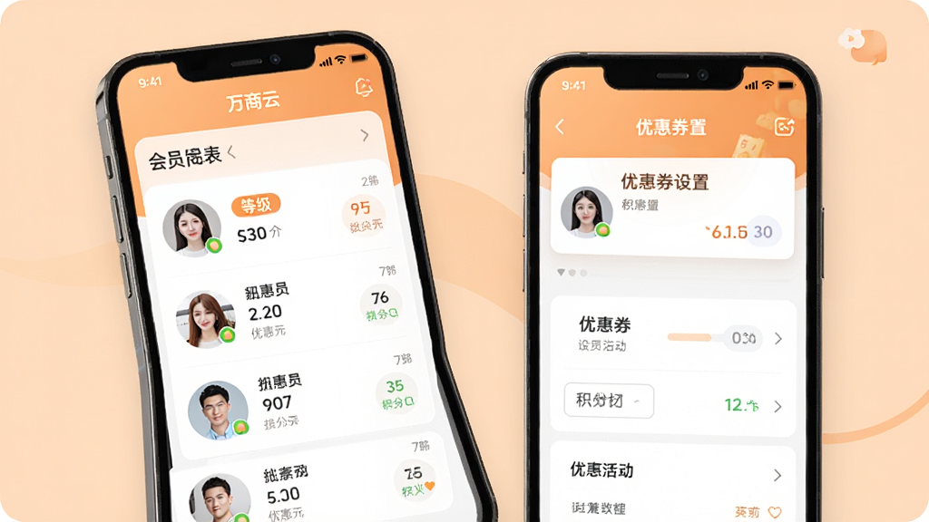 万商云会员管理与营销活动界面图,画面展示手机屏幕中万商云APP的会员列表和优惠券设置页面,包含会员头像、等级标签、积分数字等元素,背景为浅橙色柔和色调,排版整洁,风格现代,细节丰富,画质高清,干净无多余元素