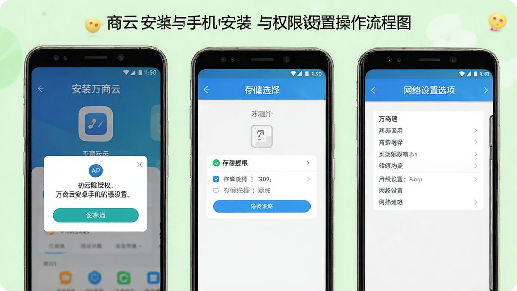 万商云安卓手机安装与权限设置操作流程图,画面展示手机屏幕上安装万商云APP的步骤界面,包含权限授权弹窗、存储选择页面和网络设置选项,背景为浅绿色清新风格,布局清晰,细节明确,画质高清,干净无多余元素