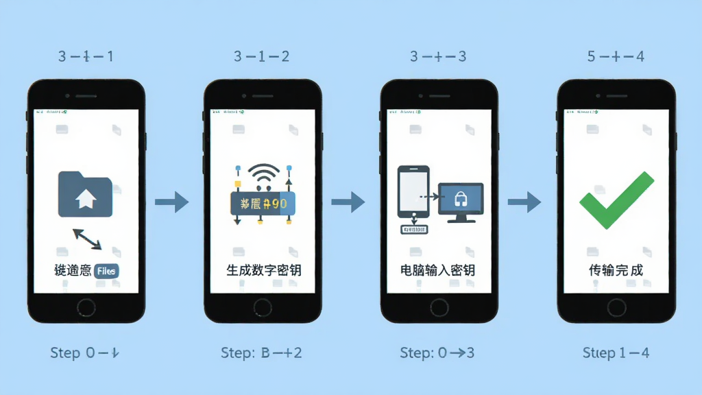Send Anywhere 新手操作流程图,画面分为四个步骤横向排列,第一步手机选择文件,第二步生成数字密钥,第三步电脑输入密钥,第四步传输完成显示对勾,背景为浅蓝色,风格扁平化信息图,细节包含每一步的简洁图标和短文字说明,画质清晰,干净,无多余元素