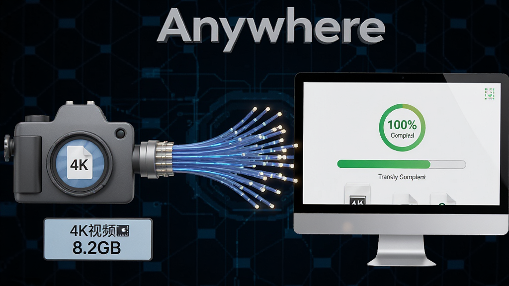 Send Anywhere 大文件传输场景图,画面左侧一台相机图标旁显示“4K视频 8.2GB”文件标签,右侧一台电脑屏幕显示传输完成100%进度条,中间以粗壮的光纤线条连接,背景为深色科技网格,风格写实渲染,细节包含文件缩略图预览,画质清晰,干净,无多余元素