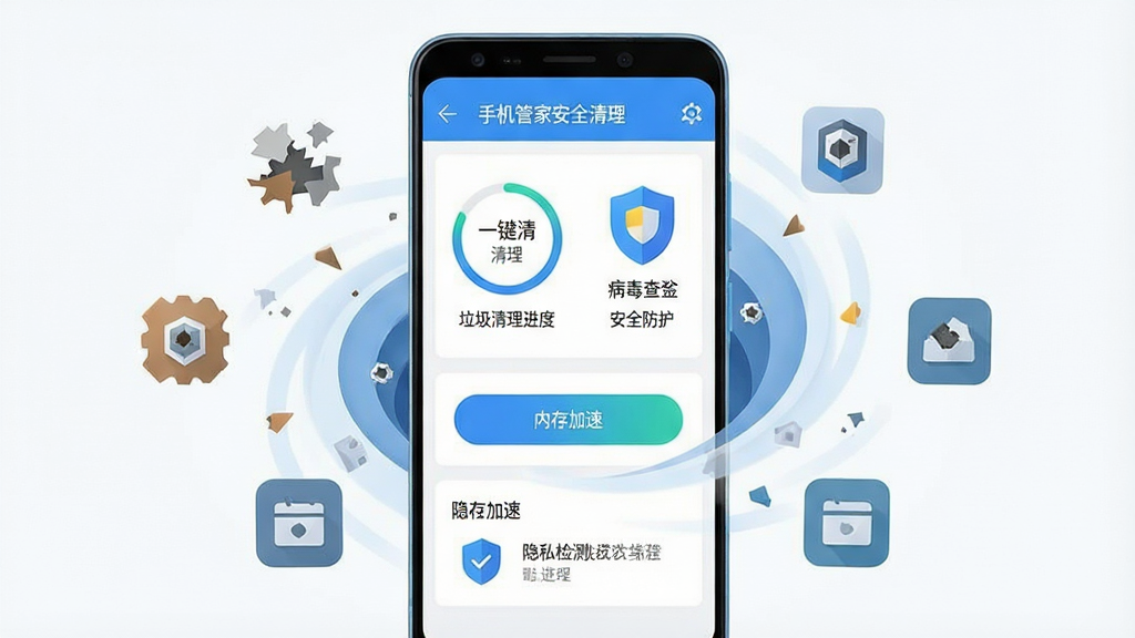 一张展示手机管家安全清理软件核心功能的整体预览图,画面中央是一部竖屏安卓手机,屏幕内显示软件主界面,界面中包含垃圾清理进度环、病毒查杀盾牌图标、内存加速按钮和隐私检测模块。手机周围环绕着代表缓存碎片、安装包残留、后台进程的抽象小图标,正被吸入手机屏幕中代表清理的漩涡。整体布局居中对称,排版清晰,风格为扁平化科技感,细节上界面文字使用中文标签“手机管家安全清理”“一键清理”“安全防护”,画质高清,画面干净,无多余元素。