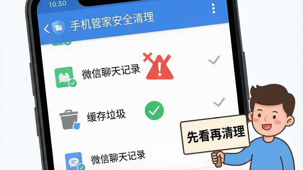 一张展示手机管家安全清理新手操作避坑指南的图解,画面为一部安卓手机屏幕特写,屏幕上显示清理勾选界面,其中“微信聊天记录”选项旁有一个红色叉号与警示三角,“缓存垃圾”选项旁有一个绿色对勾。手机旁边有一个卡通人物手持提示牌,牌子上写“先看再清理”。布局以手机屏幕为主体,人物位于右下角,风格为扁平化插画,细节上界面顶部显示“手机管家安全清理”标题,画质清晰,画面干净,无多余元素。