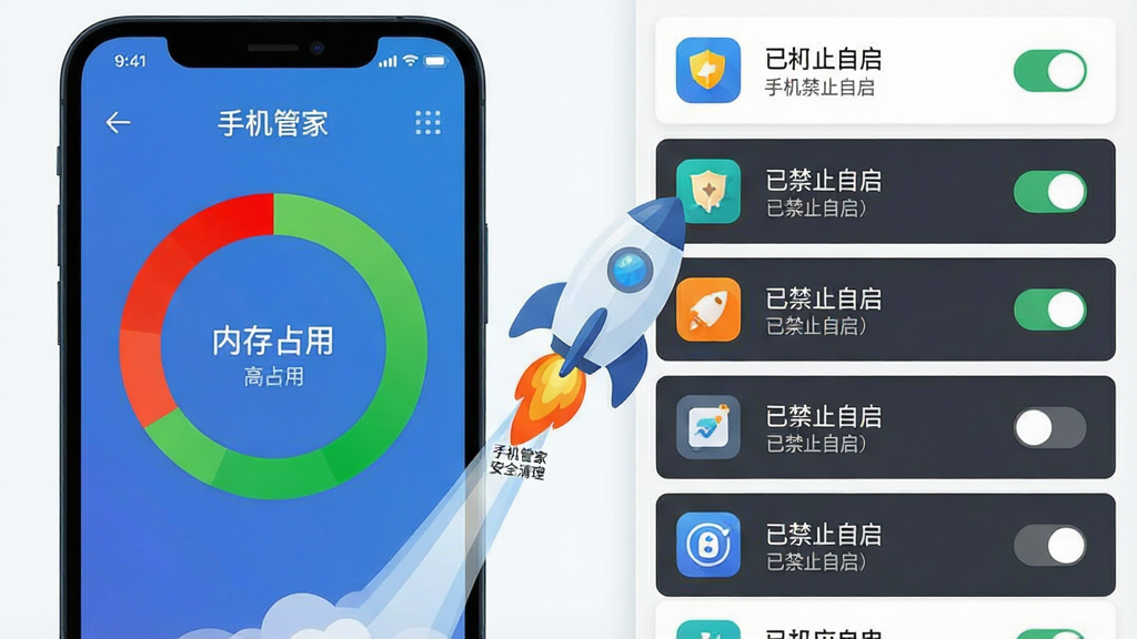 一张展示手机管家安全清理内存加速与后台管理功能的示意图,画面左侧为手机屏幕显示内存占用环形图,从红色高占用逐渐变为绿色低占用,右侧为后台应用列表,每个应用旁有开关按钮,部分开关被关闭并显示“已禁止自启”。画面中央有一个加速火箭图标,正从手机中冲出。布局左右分栏,排版整洁,风格为现代扁平化,细节上火箭尾部火焰带有“手机管家安全清理”小字,画质高清,画面干净,无多余元素。
