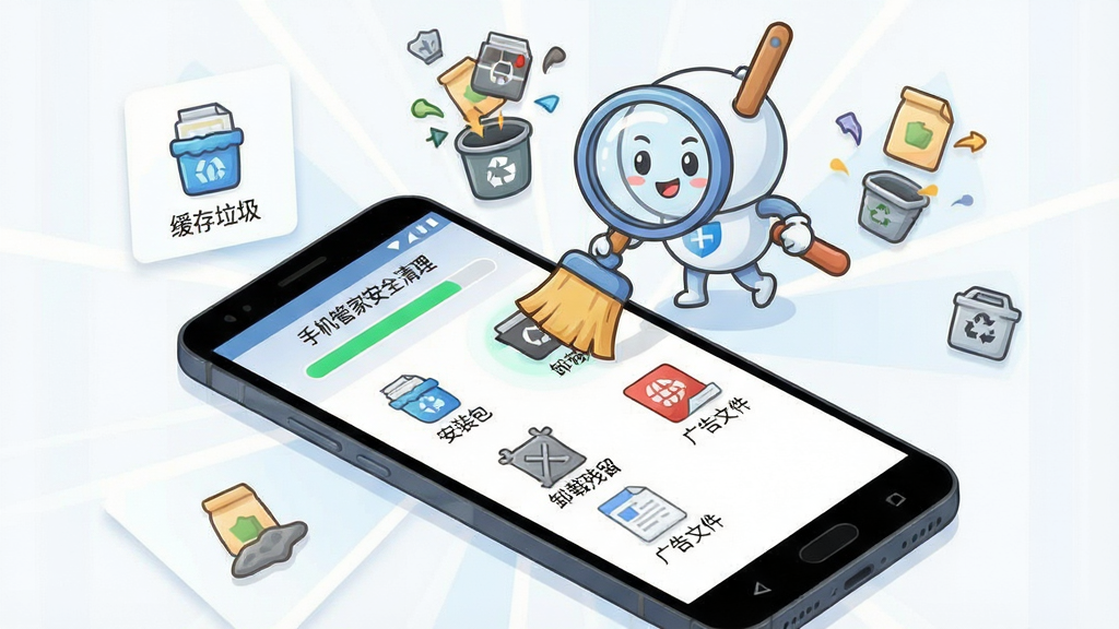 一张展示手机管家安全清理深度扫描功能的场景图,画面主体为一部平放的安卓手机,屏幕中显示正在扫描的进度条和不断跳出的垃圾文件分类图标,如“缓存垃圾”“安装包”“卸载残留”“广告文件”。手机上方漂浮着一个放大镜与扫帚结合的拟人化小助手形象,正在将垃圾图标扫入回收站。布局以手机为视觉中心,周围元素呈放射状分布,风格为卡通科技混搭,细节上进度条旁标注“手机管家安全清理”字样,画质清晰,画面干净整洁,无多余元素。