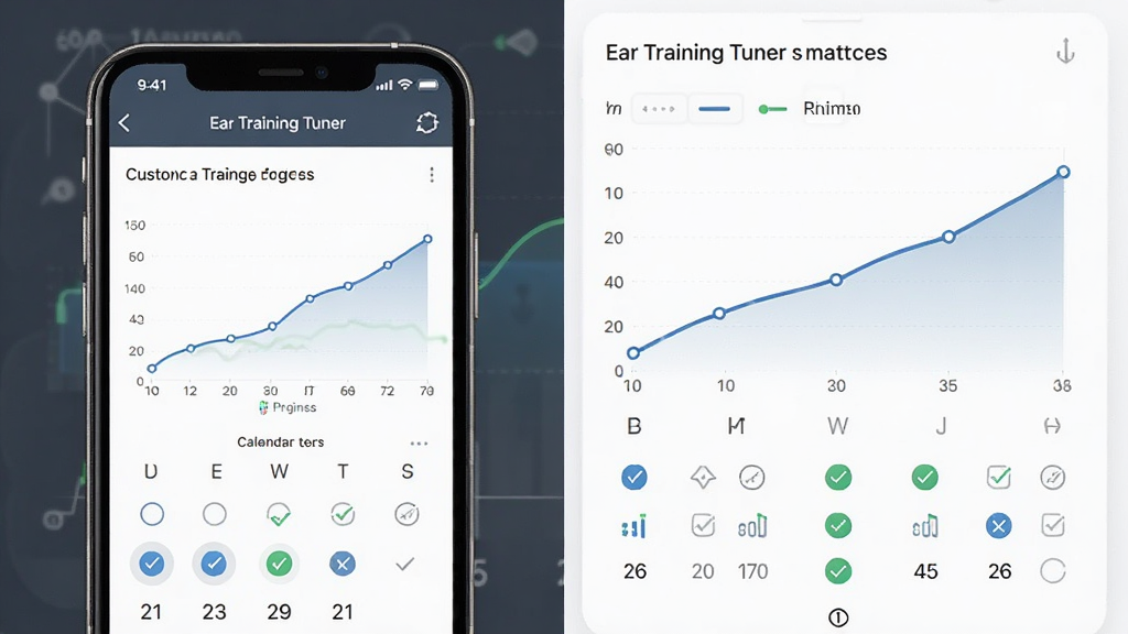 一张展示Ear Training Tuner自定义训练计划与数据统计界面的示意图,主体为手机屏幕显示进度曲线图与日历打卡记录,布局采用手机与数据图表并排展示,排版上左侧手机右侧图表,风格为简洁商务风,细节上曲线呈上升趋势,画质高清,无多余元素