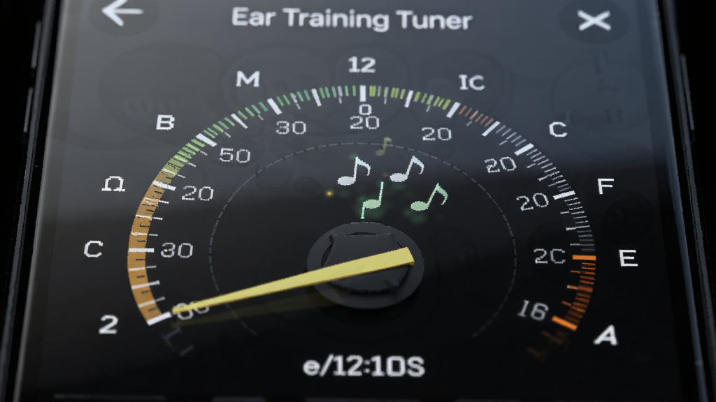 一幅展示Ear Training Tuner调音器界面的细节图,主体为手机屏幕上显示的调音表盘,指针偏向左侧,周围有音名标识与频率数值,布局为手机特写居中,排版上表盘占据主要视觉区域,风格为深色科技感,细节上屏幕表面带有轻微反光与音符光点,画质清晰,无多余装饰