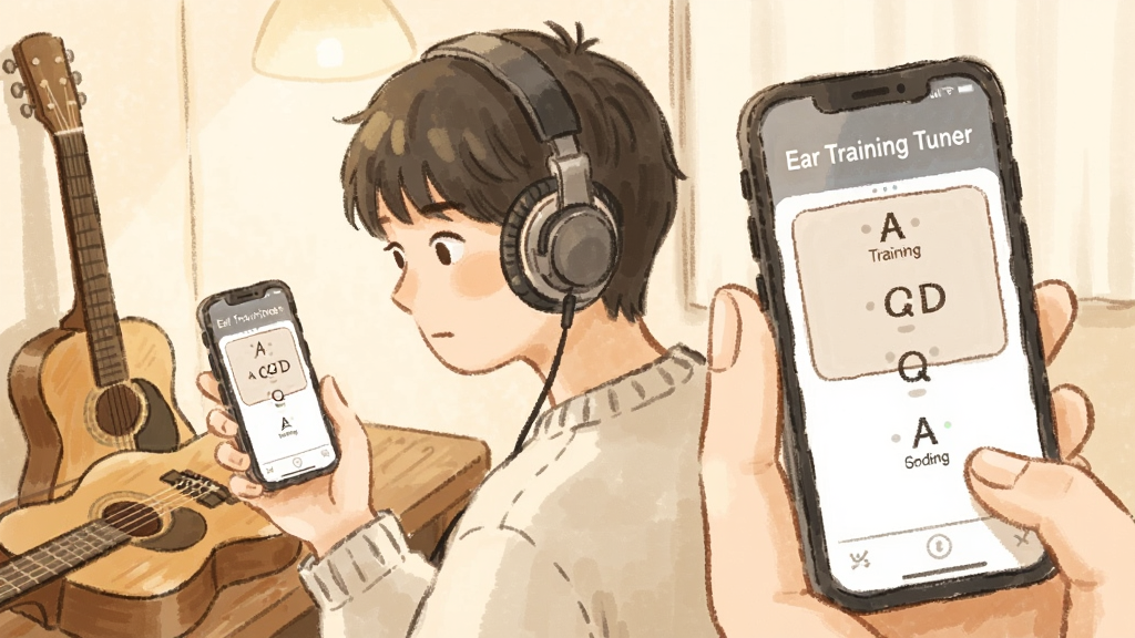 一幅展示Ear Training Tuner新手操作场景的插画,主体为一位年轻人在安静房间内使用手机进行听力训练,手机屏幕显示音程选择界面,桌上放着一把吉他,布局为人物半身与手机特写结合,排版上人物在左手机在右,风格为温暖手绘风,细节上人物戴着耳机专注看着屏幕,画质柔和,无杂乱背景