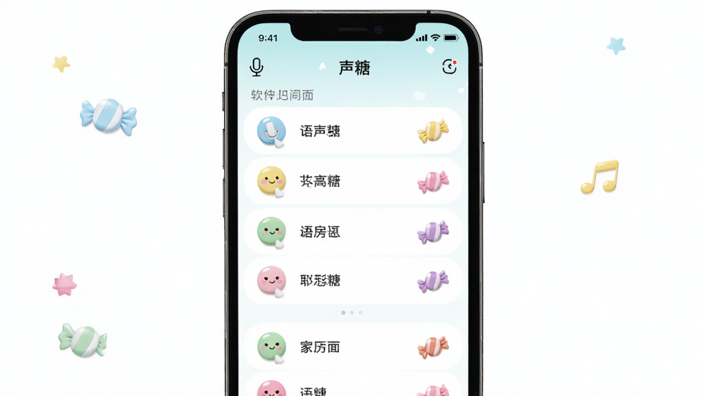 声糖 软件主界面 手机屏幕 展示语音房间列表和糖果色图标 布局为居中手机样机 排版简洁 风格清新活泼 细节包含麦克风图标 彩色糖果装饰 画质高清 干净 无多余元素