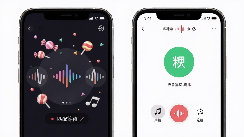 声糖 声音盲盒匹配界面 两个手机屏幕并排 左边显示匹配等待动画 右边显示连麦成功界面 布局对称 排版清晰 风格可爱 细节包含糖果粒子特效 声波图标 画质高清 干净 无多余元素
